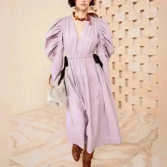 ULLA JOHNSON Gathered Midi Dress 2 Puff Sleeve Althea Tiered Skirt Cotton Bows - Picture 4 of 16